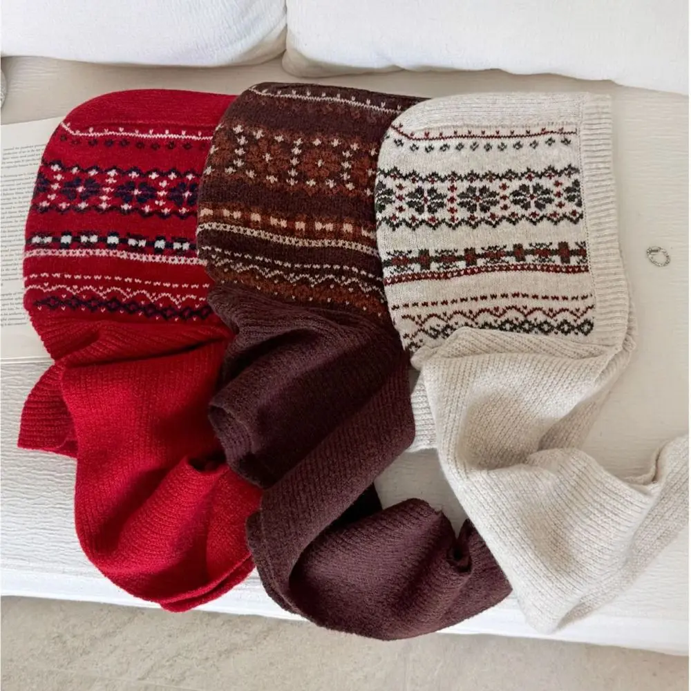 หมวกไหมพรมถักลายแจ็คการ์ดแบบคลุมหน้า สไตล์แฟร์ไอส์ พร้อมผ้าพันคอในตัว ป้องกันหู หมวกหนา อุ่น สำหรับฤดูหนาว ผู้หญิง/เด็กผู้หญิง