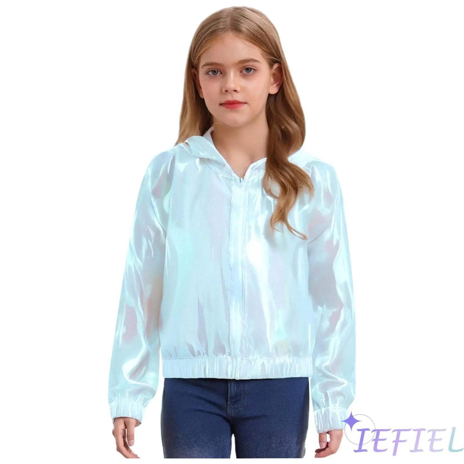 

Kids Girls Shimmery See-Through Jacket Outwear Fashion Light Long Sleeve Zipper Hooded Coat Sun Protective Clothing Coat