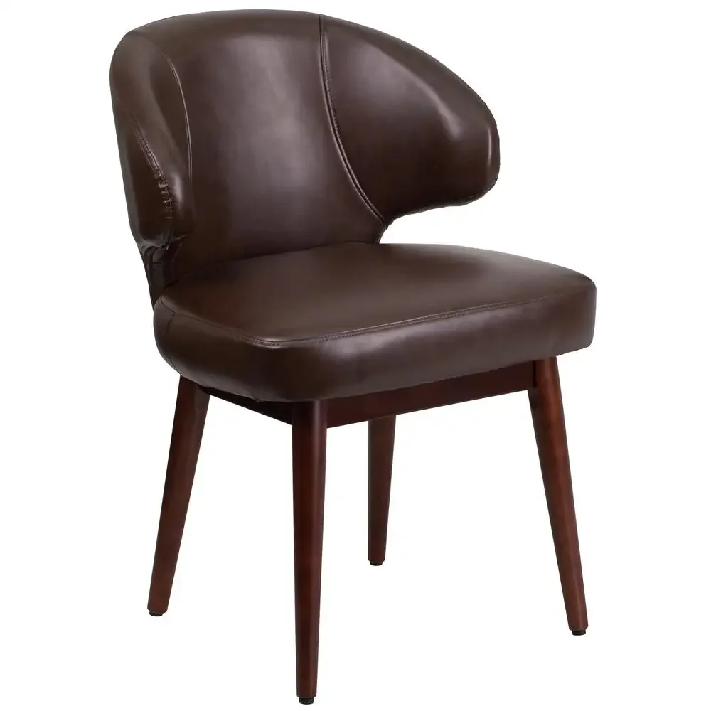 Contemporary Executive Brown LeatherSoft Reception Chair Walnut Frame Curved Back Design Foam Padding Adjustable Glides Upscale