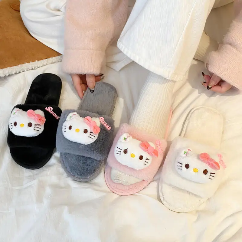 

Women's Hello Kitty Plush Slippers Fashion Kawaii Style with Cartoon Details Comfortable Indoor Warm Shoes for Daily Wearing ﻿