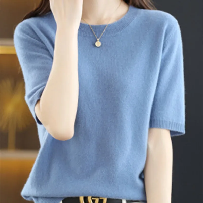 Spring and Summer New Short-sleeved Women O-neck Slim Wool Cotton Blend Pullover Vest T-shirt Knitted Base Sweater