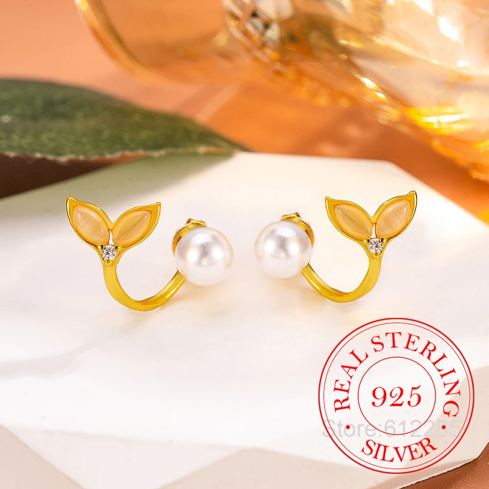 925 Sterling Silver Jewelry Luxury Crystal Fish Tail Pearl Stud Earrings for Women Wedding Party Jewelry for Girls Friend Gift