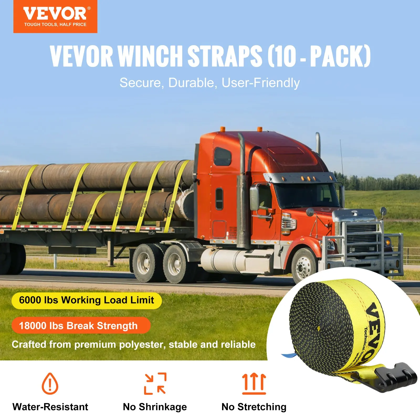 

Winch Straps, 6000 Lbs Load Capacity, 18000 Lbs Break Strength, Truck Straps With Flat Hook, Flatbed Tie Downs Cargo Control