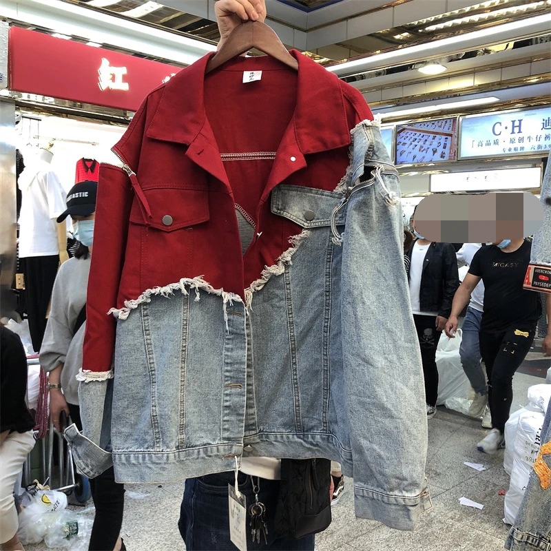 Red Spliced Ripped Denim Jacket Women Pocket Lapel Tassel Fashion Patchwork Jeans Jacket Spring Autumn Loose Jeans Coat Female