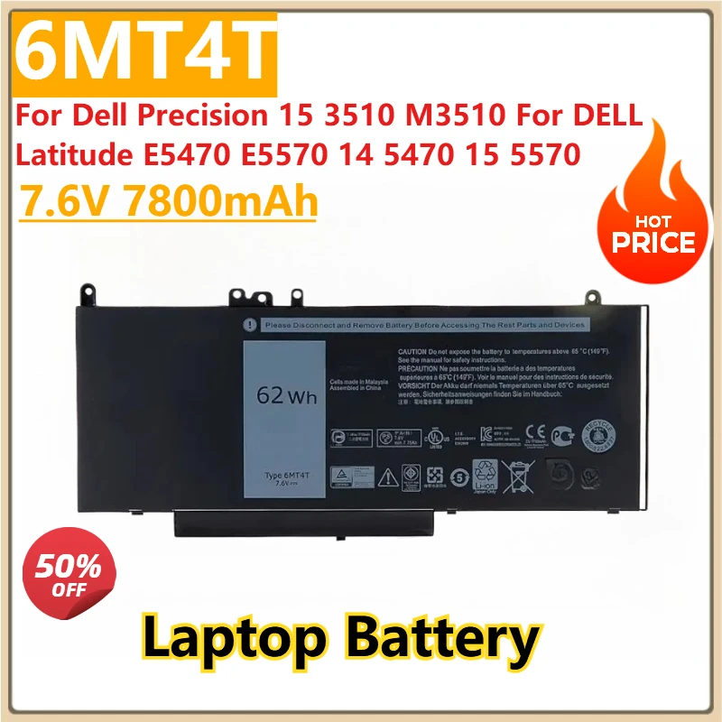 

New 6MT4T Replacement Laptop Battery 7.6V 7800mAh For Dell Precision 15 3510 M3510 For DELL Latitude E5470 E5570 14 5470 15 5570