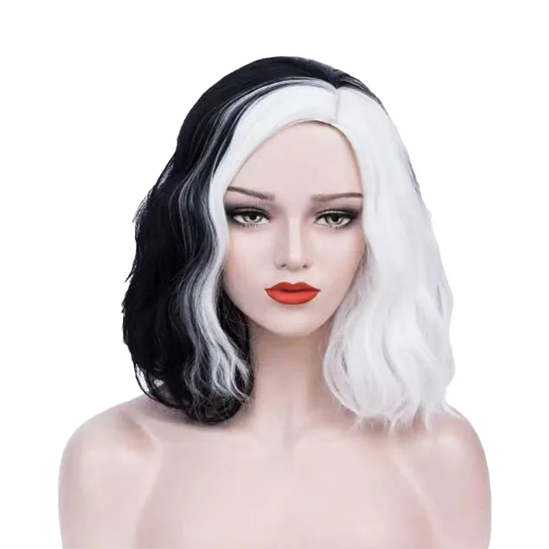 Cruella Deville De Vil parrucca nera bianca per capelli Deville capelli corti ricci ondulati resistenti al calore Cosplay parrucche di Halloween guanti puntelli