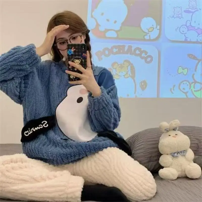 

Sanrio Pajamas 2Pcs Kuromi Coral Fleece Set Autumn and Winter Round Collar Add Fleece Thickened Cartoon Home Clothing Popular