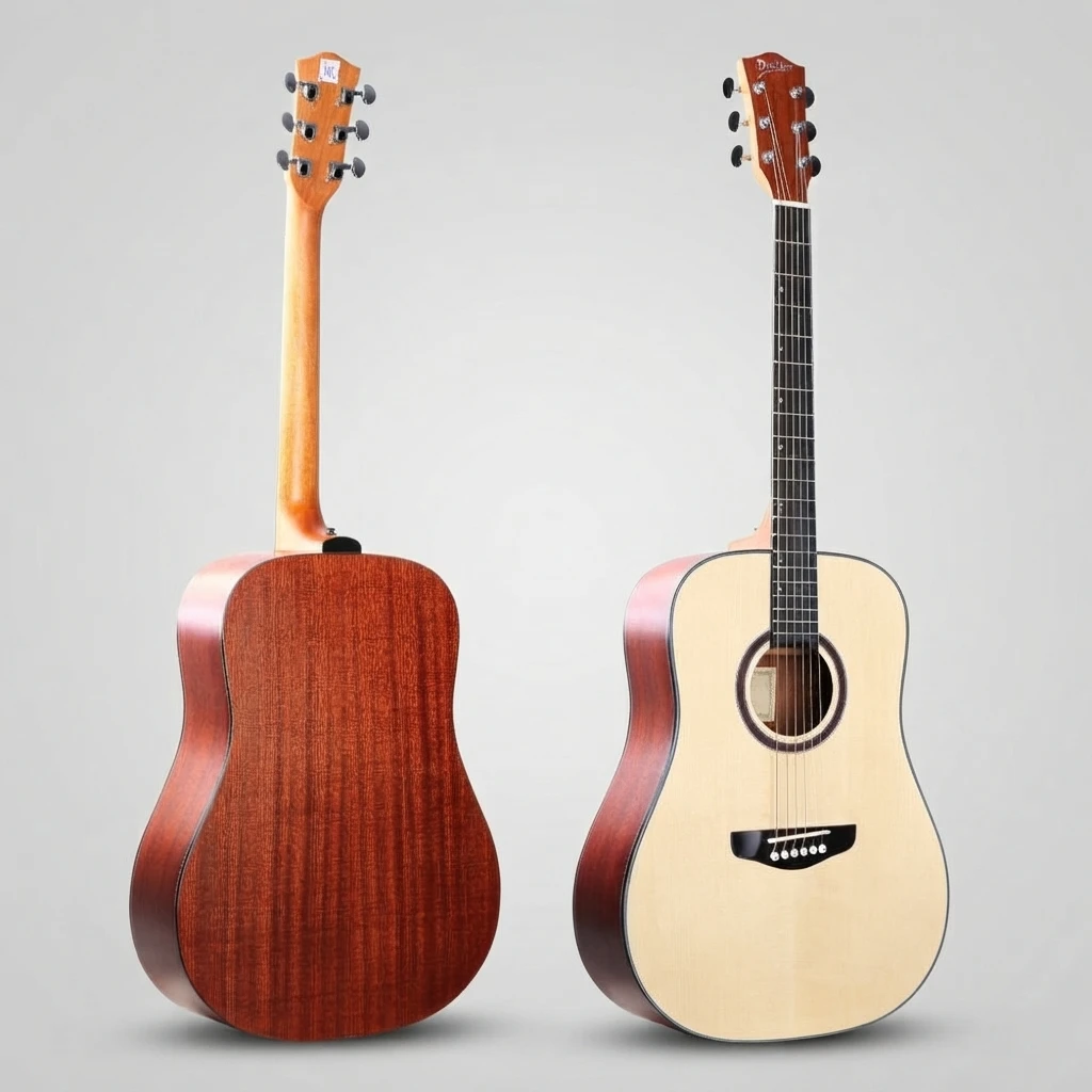 Glossy Acoustic Guitar 6 String No Cutaway Natural Top Brown Back Chrome Tuners Dot Inlay Bridge White Pins Slim Neck
