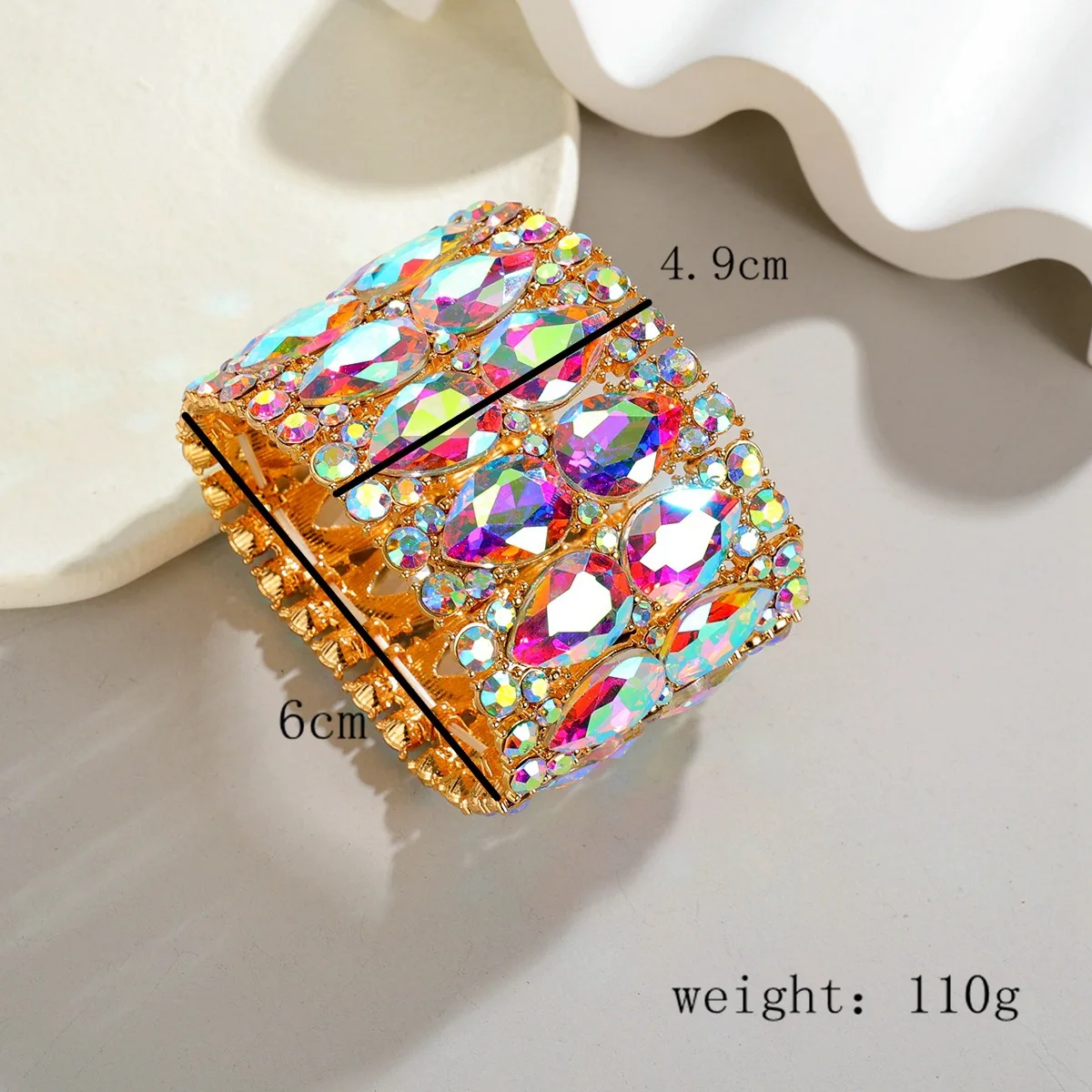 Fashion Womens Double Row Rhinestone Elastic Bracelet Wide Bangles