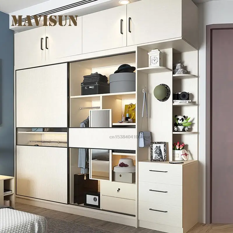 Solid Wood Sliding Door Wardrobe Modern Minimalist Nordic Storage Cabinet Home Bedroom Hanging Clothes Assembly Furniture