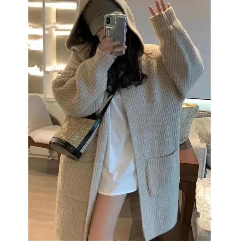 

Autumn Winter Thick Large Knit Sweater Women Hooded Pockets Coat Maxi Mid Length Loose Knitted Cardigan Jumper Overcoat Sweaters