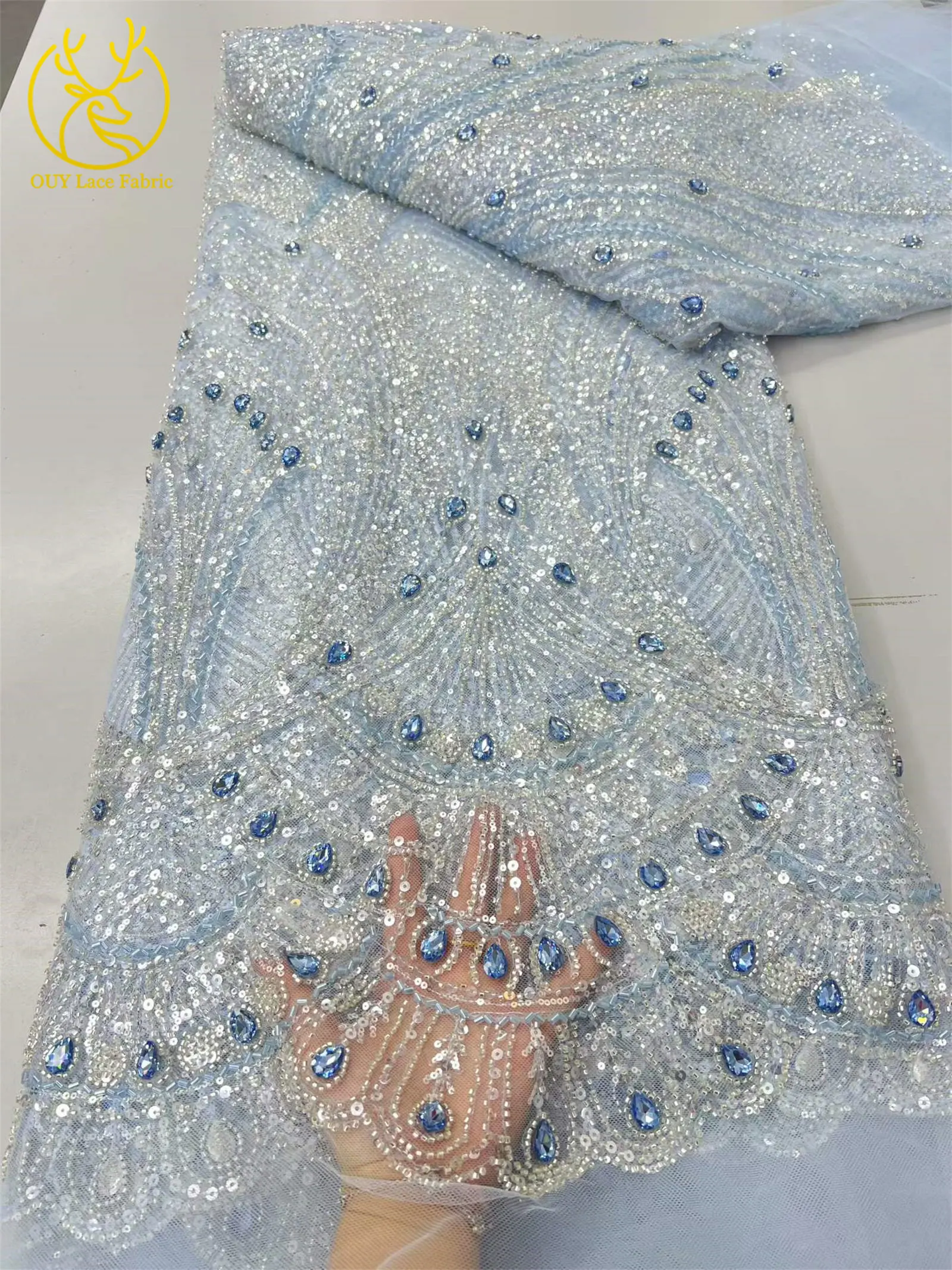 Neues Design Elegante französische nigerianische Diamant-Perlen-Spitze, rosa afrikanischer Pailletten-Netzstoff für Brautkleider zum Nähen – Detail 7