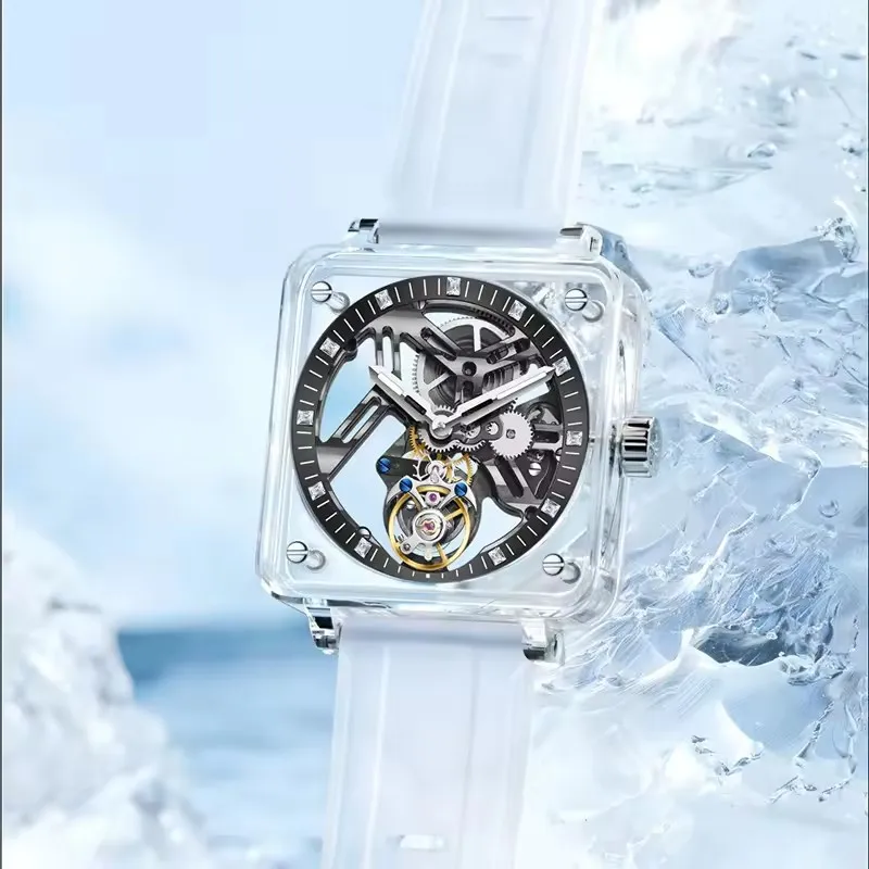 PINDU Genuine Tourbillon Movement Sapphire Mirror Men Wristwatches Transparent Case Rubber Strap Waterproof Mechanical Watches