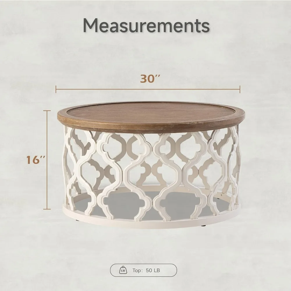 Farmhouse Coffee Table, Distressed Tray Top Table with Curved Motif Frame Base for Boho, Rustic, French Country Decor, Round