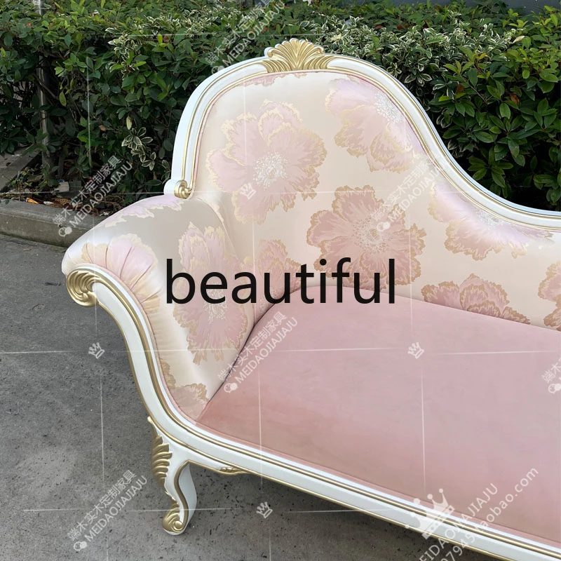 French solid wood chaise longue European pink velvet recliner fabric leisure sofa