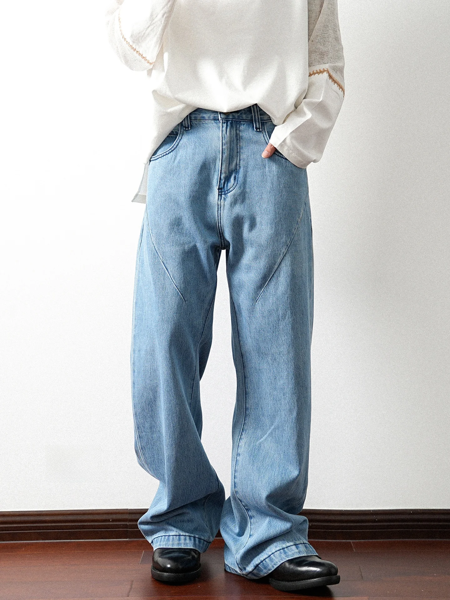 Calça Jeans Unissex de Cintura Alta, Corte Solto em A, Perna Larga, Azul de Baixa Saturação, Estilo Outono, Moderna, em Algodão
