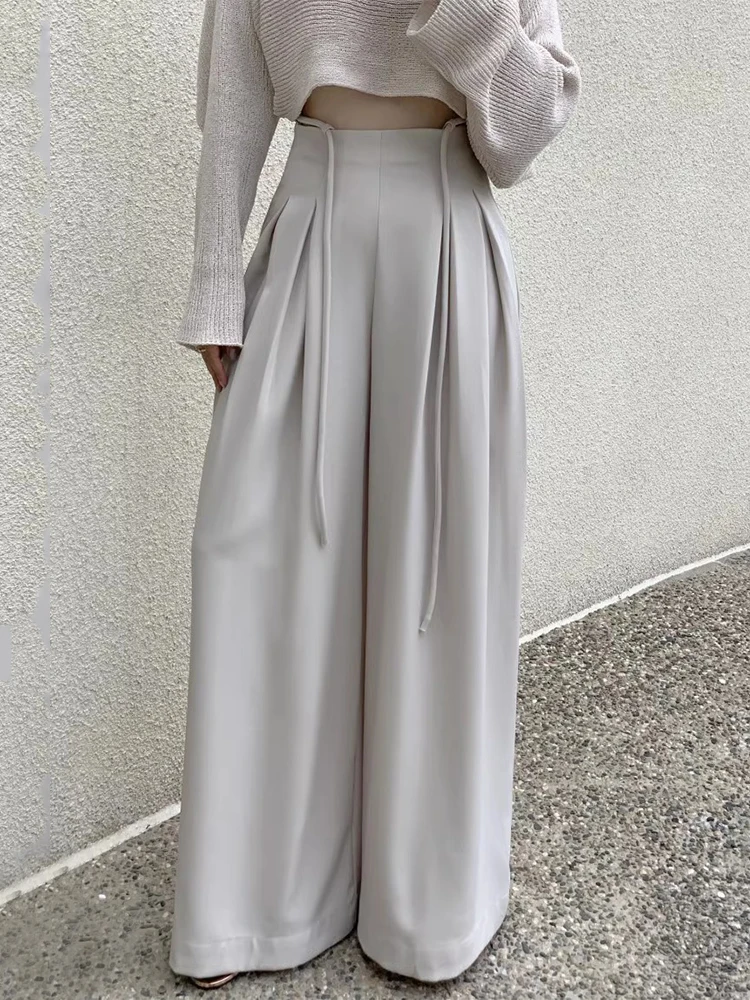 

New Chic Women Pants Capris Summer Vintage Temperament Drawstring Design High Waist Pleated Pendant Casual Pants Mopping Pants
