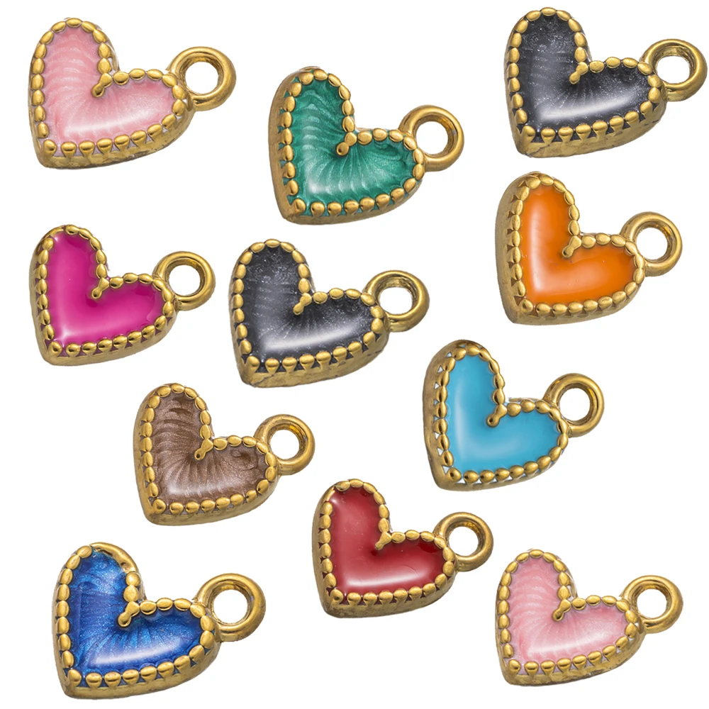 5 pçs mini aço inoxidável amor coração esmalte encantos banhado a ouro balançar pingente para diy chaveiro colar brinco jóias suprimentos