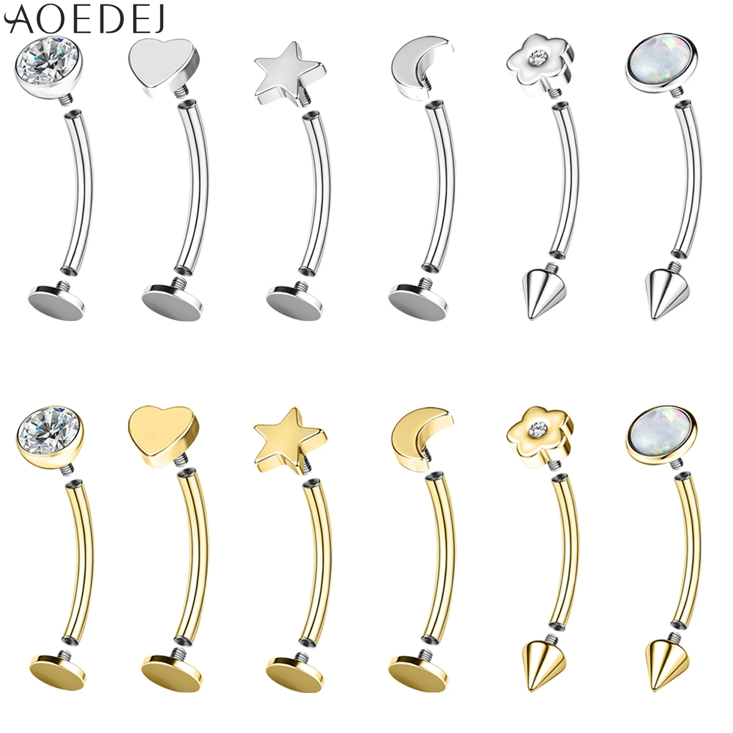 AOEDEJ 1 Piece 16G Stainless Steel Eyebrow Stud Opal Eyebrow Piercing Star Moon Flower Shape Labret Lip Piercings Jewelry 8/10MM
