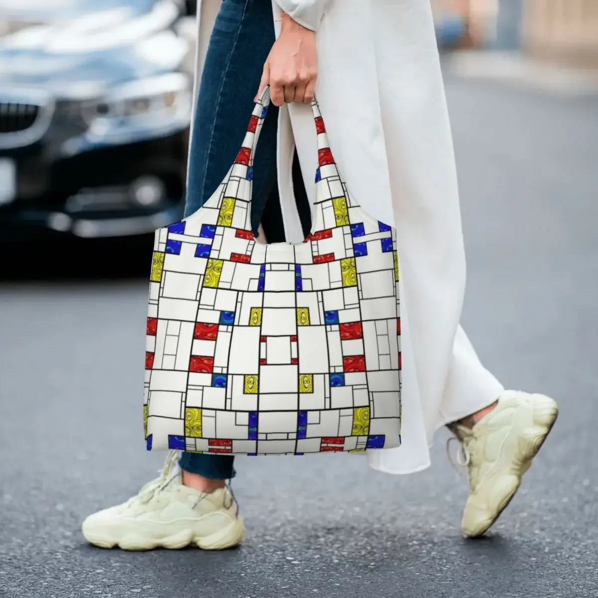 Custom Psychedelic De Stijl Art ร้านขายของชําช้อปปิ้ง Tote กระเป๋าผู้หญิง Piet Mondrian ผ้าใบไหล่กระเป๋านักช้อปความจุกระเป๋าถือ