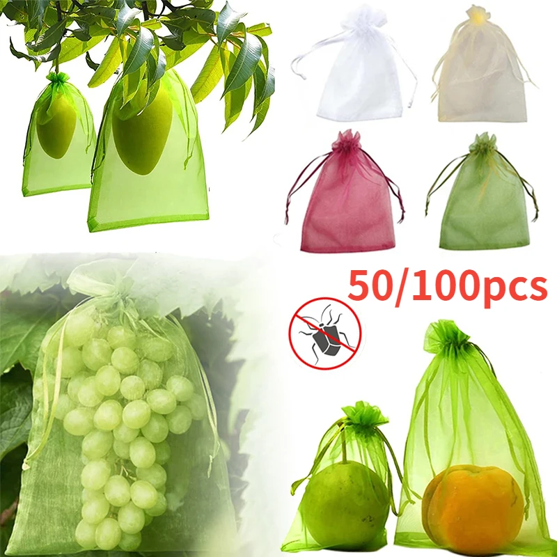 50/100pcs Strawberry Grapes Fruit Grow Bags Mesh Vegetable Plant Protection Bags for Pest Control Anti-Bird Garden Organza Bags