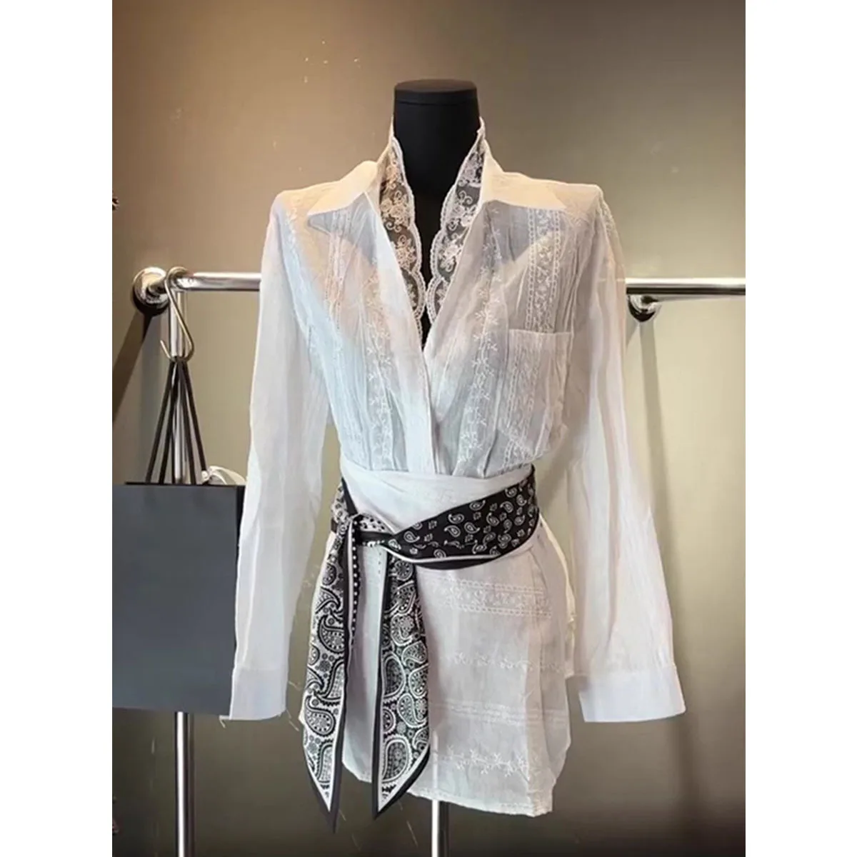 2025 summer new lace splicing thin long-sleeved shirt irregular skirt short skirt + silk scarf three-piece set