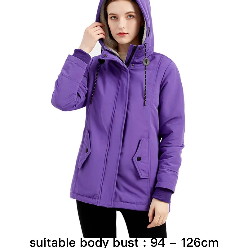 

High quality hooded zipper trench coat for women plush lining big size new winter 2024 casual clothes - black purple blue