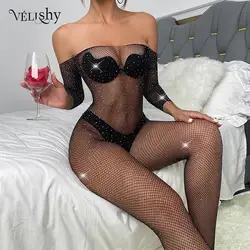 Off Shoulder Long Sleeve Rhinestone Women Bodystockings Mesh See Through Female Jumpsuits Ladies Sexy Hollow Out Erotic Lingerie