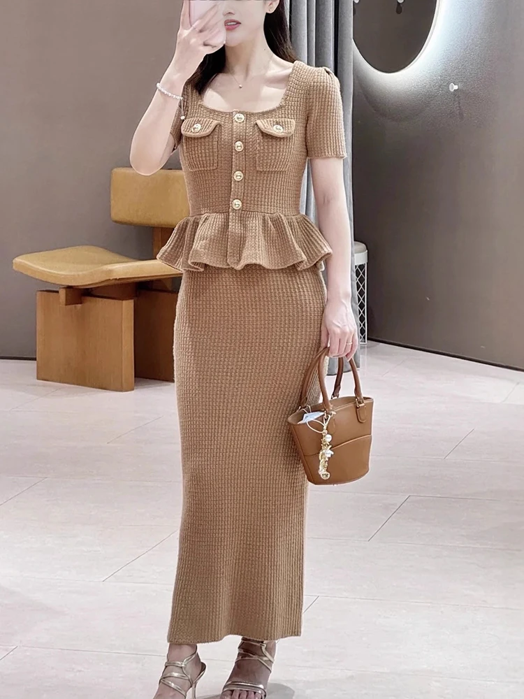 

2026 Early Spring New Style Elegant Business Short-Sleeved Round-neck Knitted Dress Long Dress Women