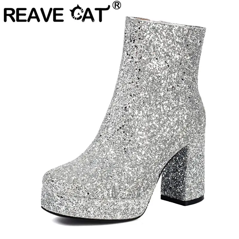 

REAVE CAT Ladies Shoes New Sexy Women Sequin Short Booties 9cm Chunky Heel 2cm Platform Zipper Banquet Style Big Sizes 43-45