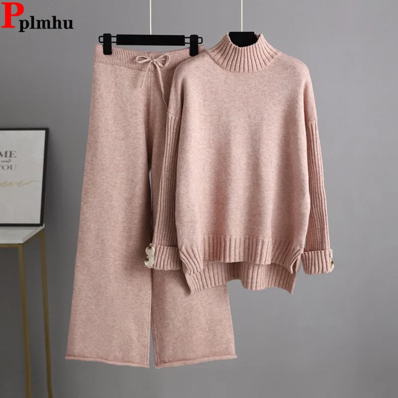 Fall Winter Knit 2 Pieces Sets Women Turtleneck Thick Loose Knitwears Sweater Tops Conjuntos High Waist Wide Leg Pants Outfit