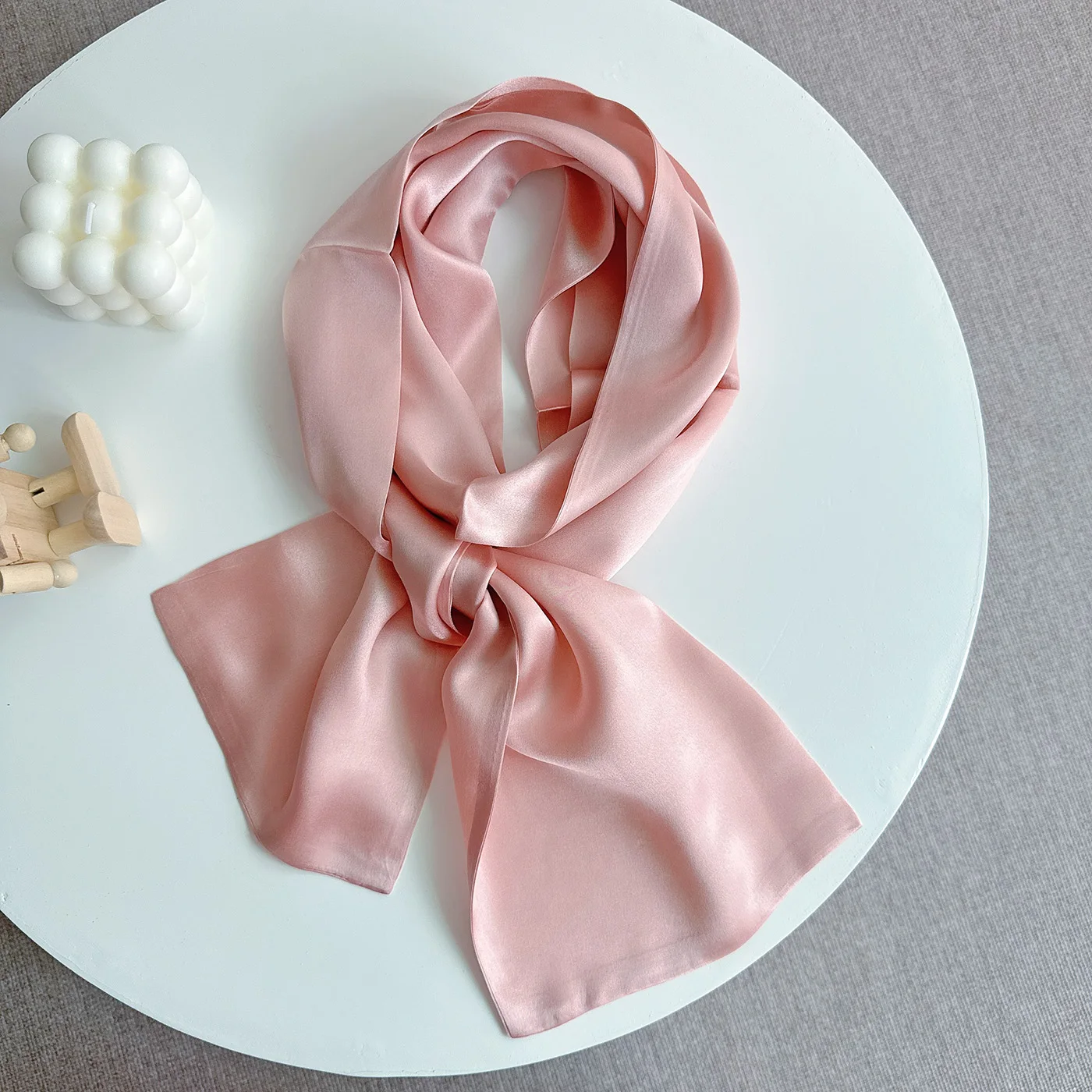 

Pink Satin 100% Mulberry Silk Solid Color Long Scarf 150x16cm Thin Narrow Double-Layered Smooth High-End Tie Ribbon Neckband