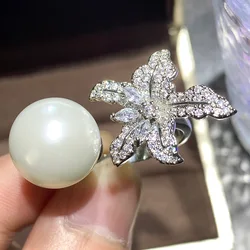 Huitan Luxury Simulated Pearl Ring Sparkling Flower with CZ New Fashion Women Opening Adjustable Rings Wedding Trendy Jewelry