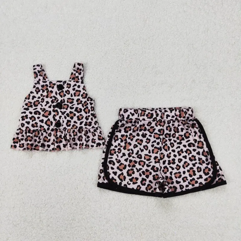 

X12.18 GSSO2053 Hot-selling baby girl clothing wholesale brown and black leopard print suspender shorts set