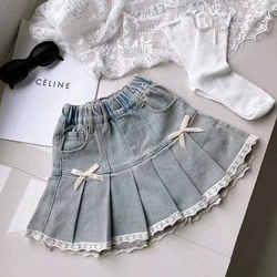 Girls Children Denim Skirts Summer 2024 New Chic Bow Pleated Jean Skirt 1-6Years Old Kids Sweet Lace Blue Denim Skirts