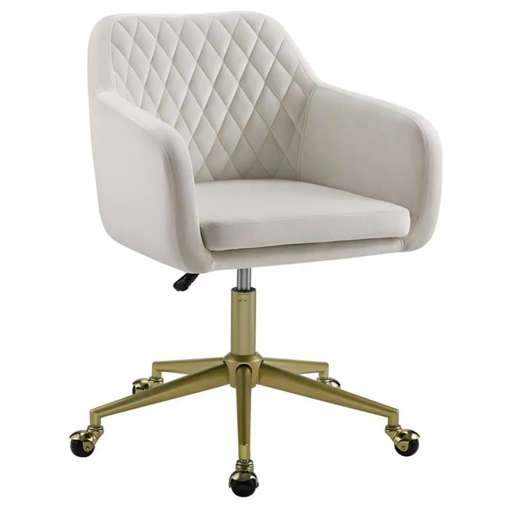 Upholstered Office Chair Gold Metal Base Swivel Wheels Off White, Customized