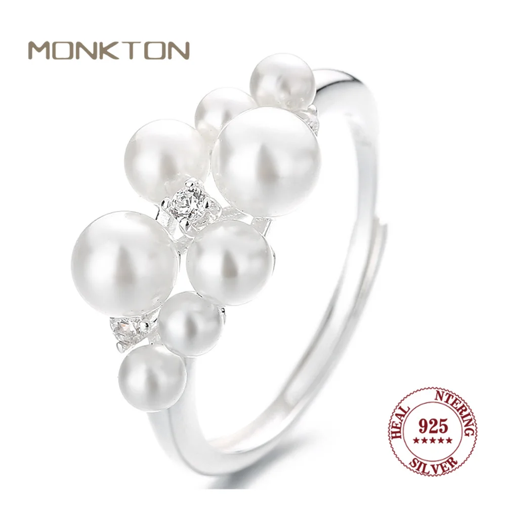 Monkton S925 Sterling Silver Pearl Wedding Band for Women Charm Rhodium Plating Adjustable Pearl Rings for Women Jewelry