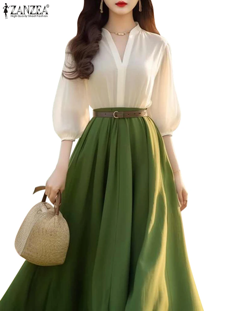 ZANZEA Vrouwen A-lijn Kantoor Dame Vestidos Casual Zomerjurk 2025, Lente Lantaarn Half Mouw Jurken Elegante V-hals Party Gewaden