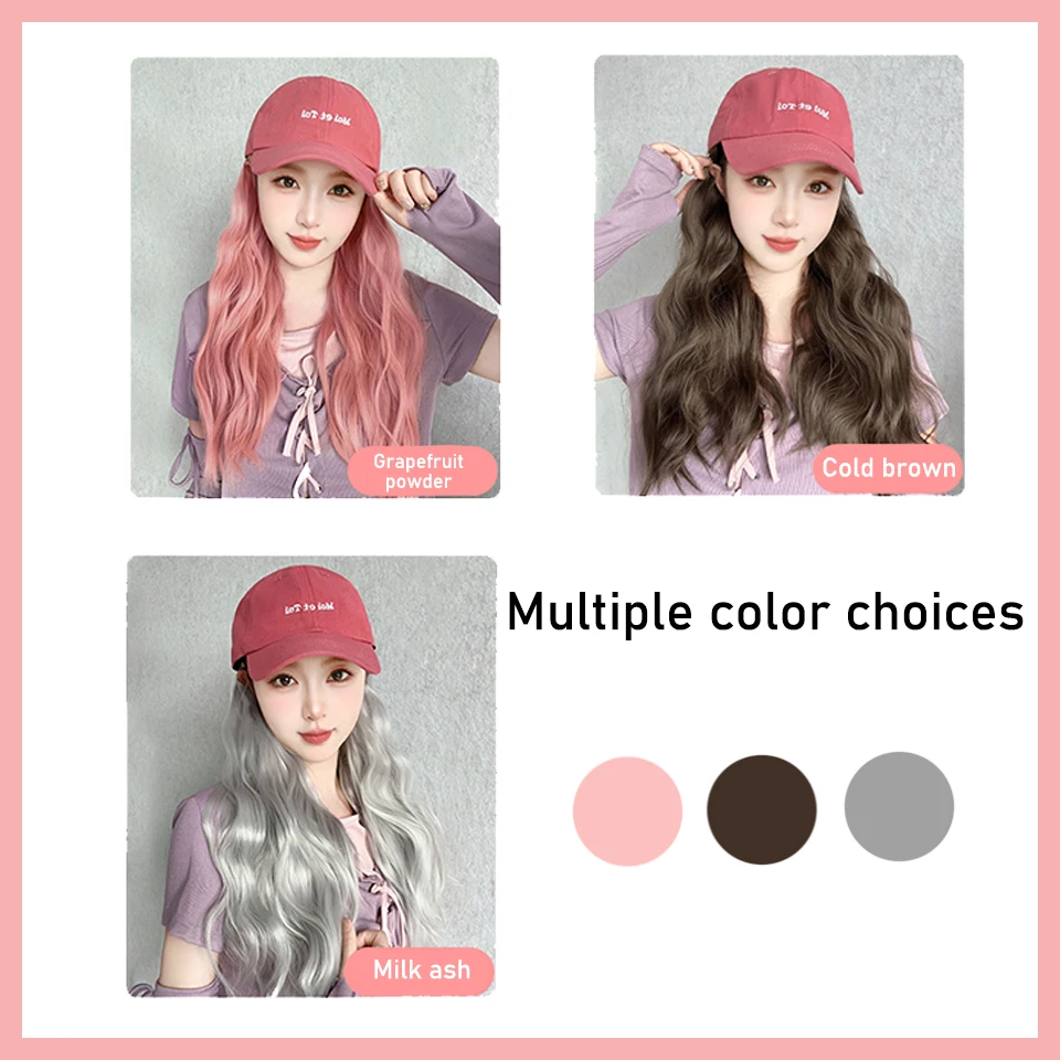 Topi dan wig sintetis satu wanita rambut panjang jaring merah pasang topi bisbol dan wig tipis dan serbaguna wig rambut panjang keriting penuh dia