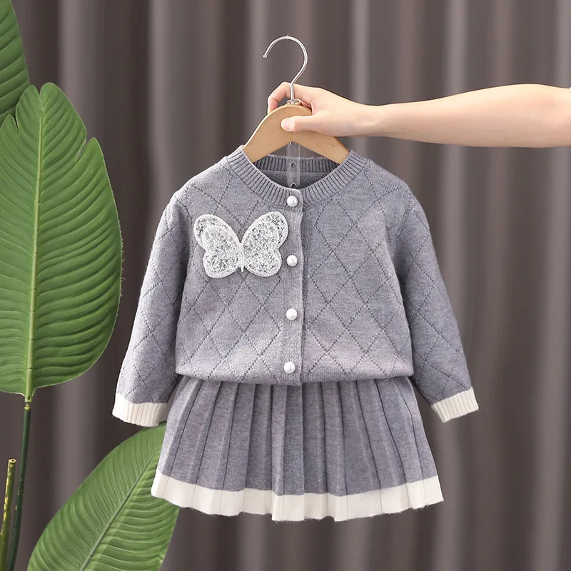 

Children Girls Preppy Style Outfit Autumn New Kids Babys Girls 2PCS Sets Lace Butterfly Grey Cardigan Belle Pleated Skirts Suits