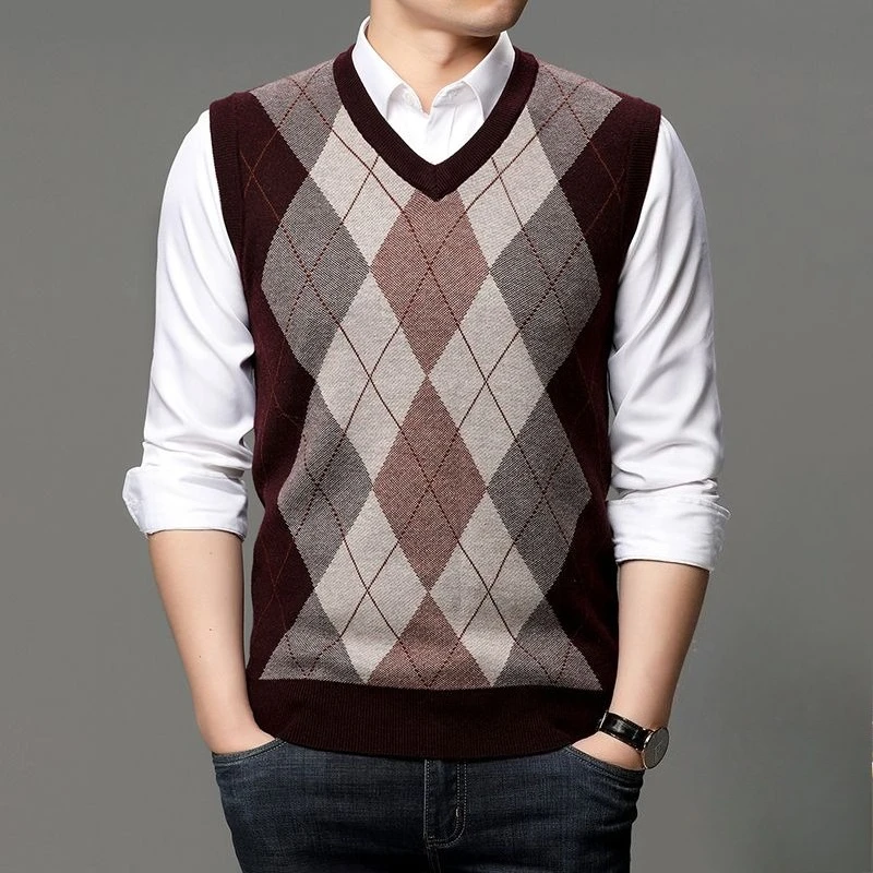 Suéter de punto grueso y cálido con cuello en V para hombre, chaleco sin mangas, prendas de vestir exteriores de otoño e invierno con chalecos básicos de Color sólido de lana para hombre