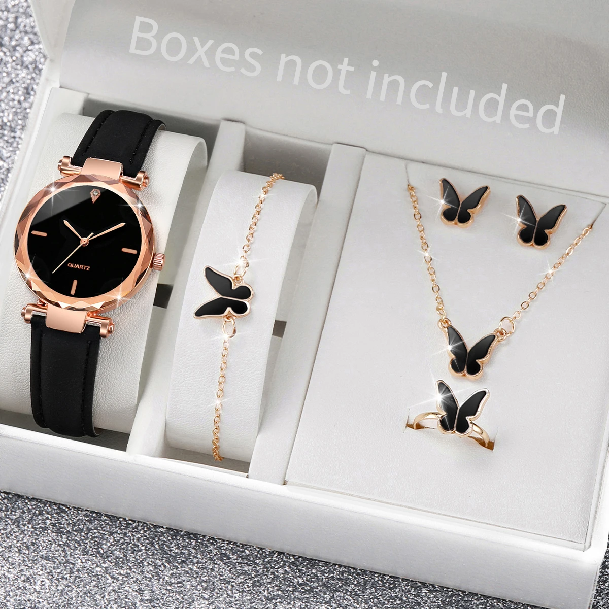 6PCS Fashion Women Watches Simple Leather Band Ladies Quartz Watch Butterfly Jewelry Set Relogio Feminino（Without Box）