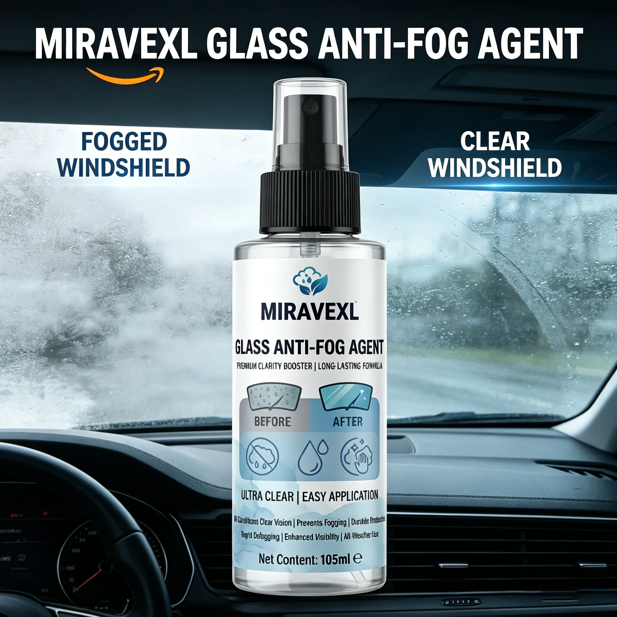 Car Windshield Anti-Fog Spray - Long-Lasting Defogger & Rain Repellent for Auto Glass, Truck, Boat - Clear Vision Coating, 105ml