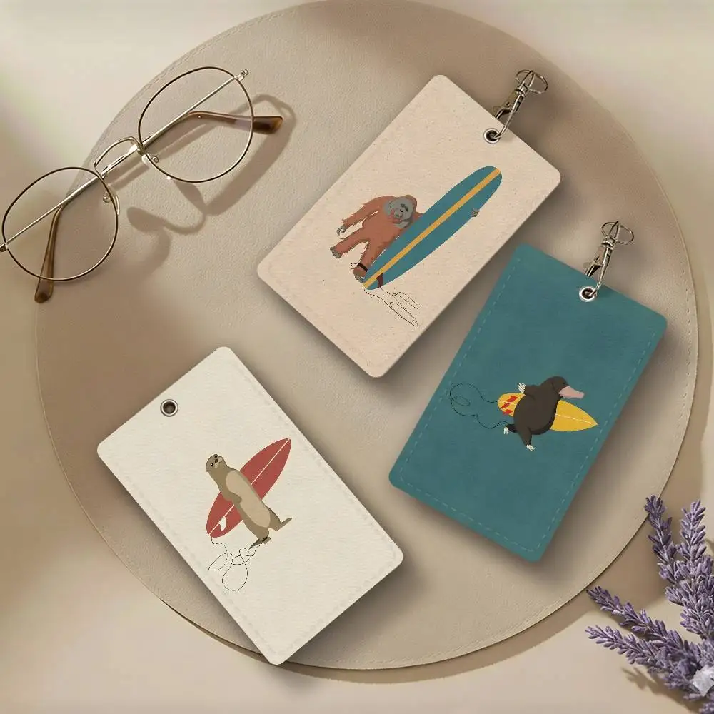 Funny Surfing Animal Retro PU Leather Card Holders Anti-lost Protective Cover Cases Cards