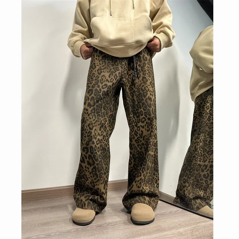 Leopardo impresso jeans masculino moda retro impresso vintage jeans masculino streetwear hip-hop solto perna larga jeans dos homens calças jeans