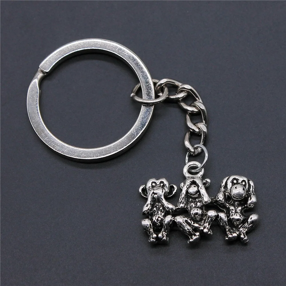 Souvenirs Gift DIY Metal Keychain Holder Antique Silver Color 19x25mm Three Wise Monkeys Pendant Keyring