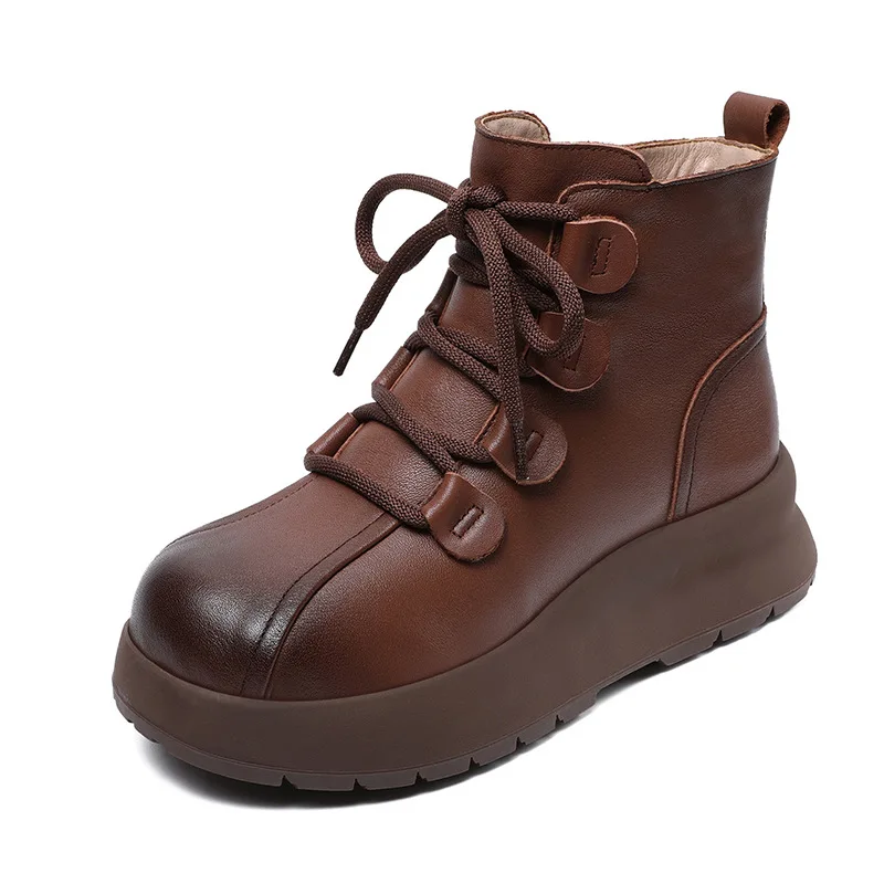 

Женские сапоги из воловьей кожи с верхним слоем, осенне-зимняя шерсть, хлопковая обувь больших размеров 43, короткие сапоги на толстой подошве в стиле ретро