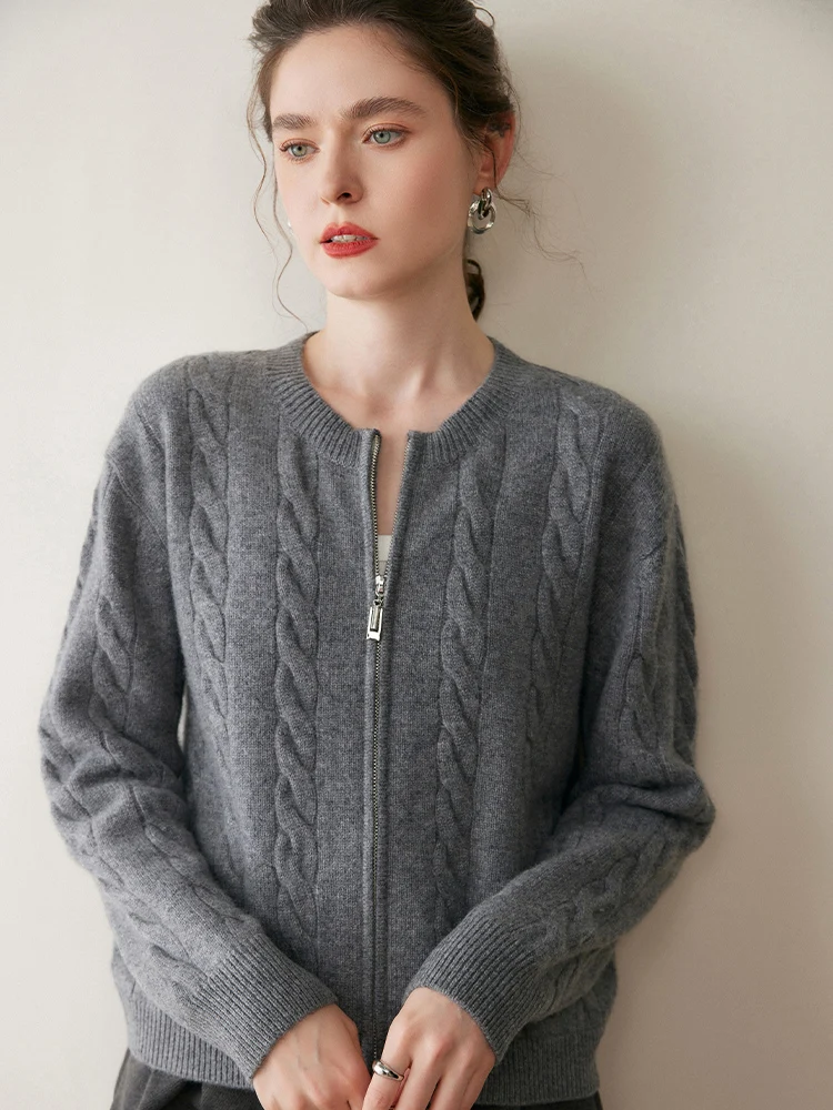 Yoyoselect Damski Kardigan z Kaszmiru 100%, Płaszcz, Okrągły Dekolt, Zapinany na Zamek, Krótki Sweter, Dzianina, Jesienno-Zimowy Gruby Sweter z Wzorem w Warkocze