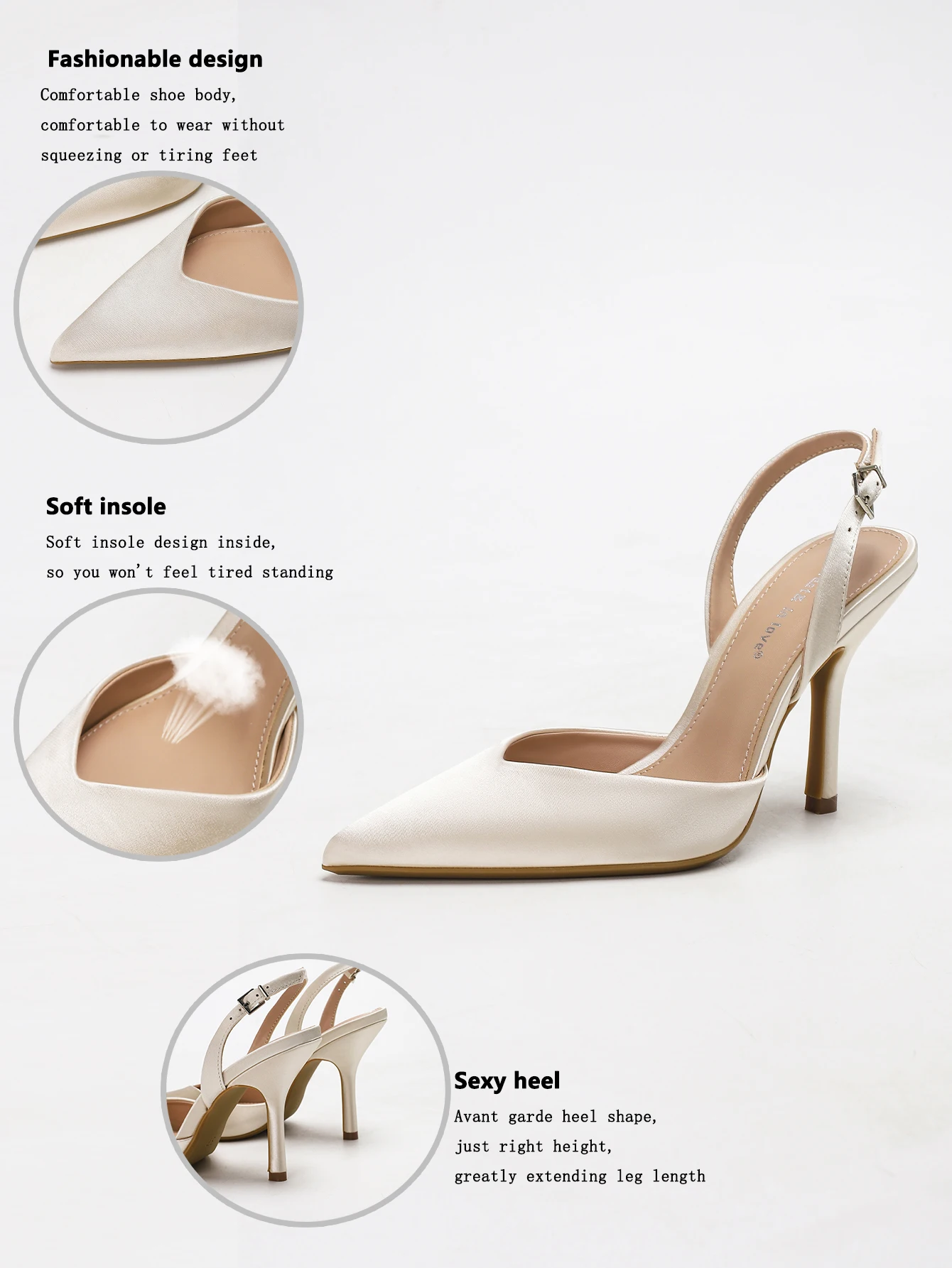 Damen-Sandalen aus elfenbeinfarbenem Satin mit spitzer Zehenpartie und Slingback-Absatz – Detail 2