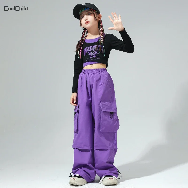 Sudadera corta colorida de imitación de Hip Hop para niñas, pantalones Cargo de baile callejero, ropa de calle para niños, disfraces de Jazz,